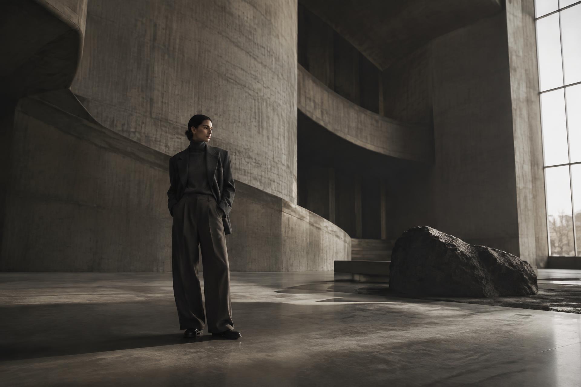 A figure in tailored charcoal clothing standing in a monumental concrete interior
